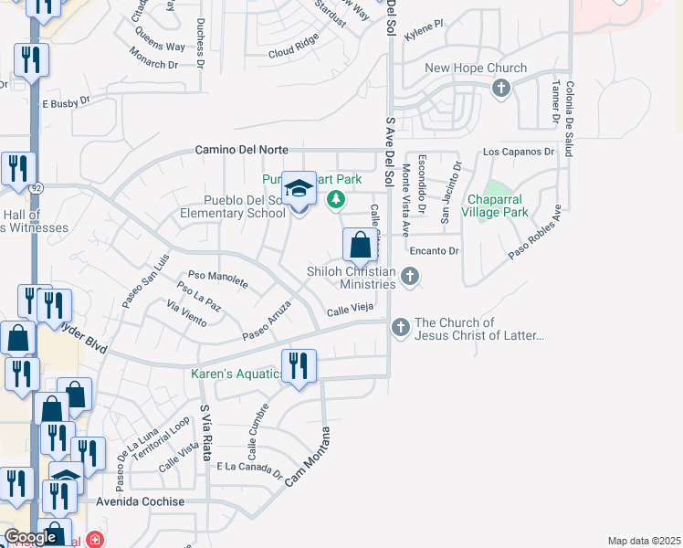 map of restaurants, bars, coffee shops, grocery stores, and more near 5115 Camino De Arena in Sierra Vista