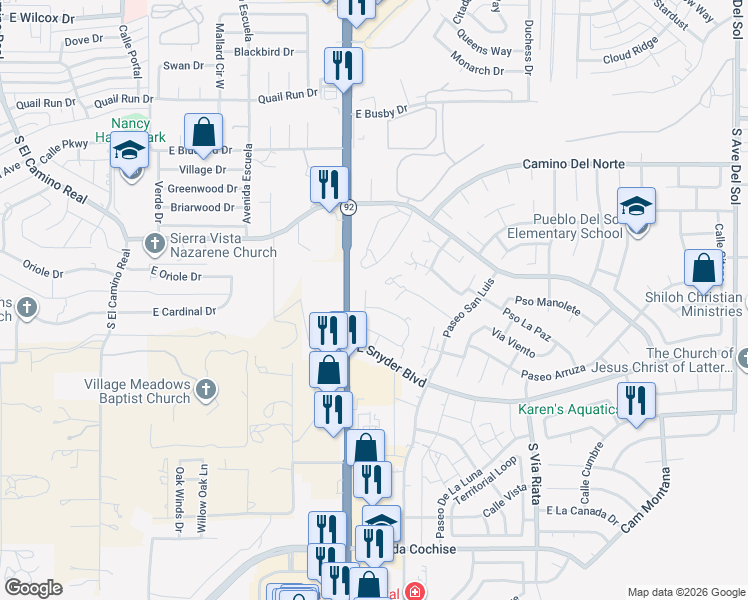 map of restaurants, bars, coffee shops, grocery stores, and more near 4103 Calle Barona in Sierra Vista