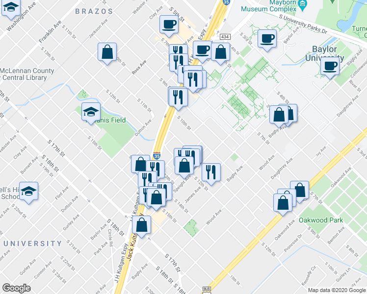 map of restaurants, bars, coffee shops, grocery stores, and more near 1326 South 11th Street in Waco