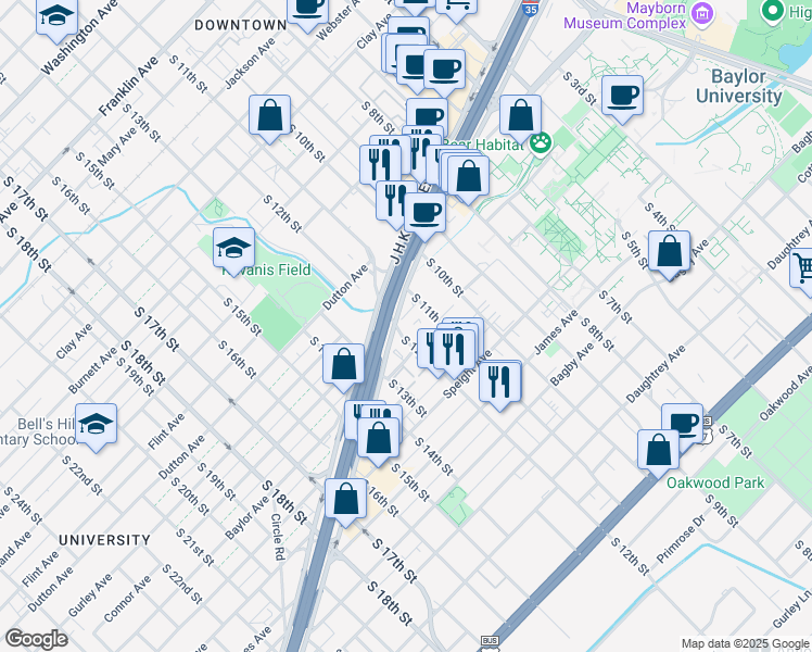map of restaurants, bars, coffee shops, grocery stores, and more near 1302 South 12th Street in Waco