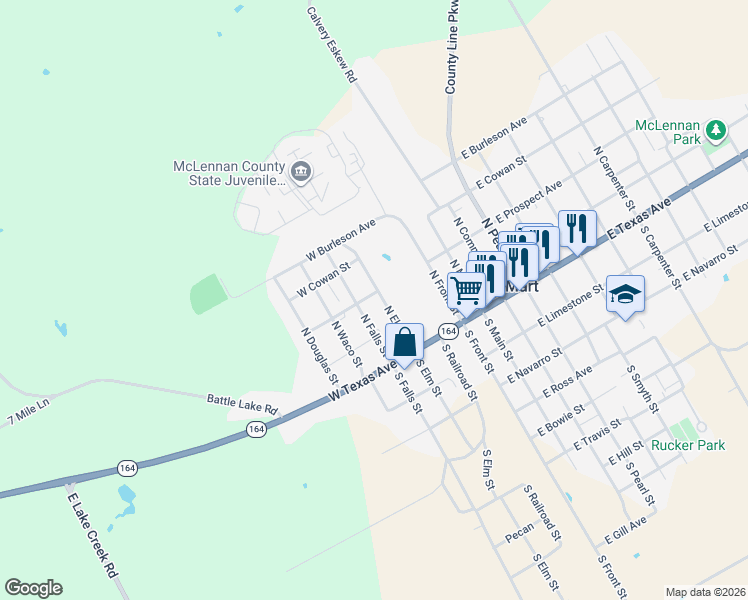 map of restaurants, bars, coffee shops, grocery stores, and more near 215 North Elm Street in Waco