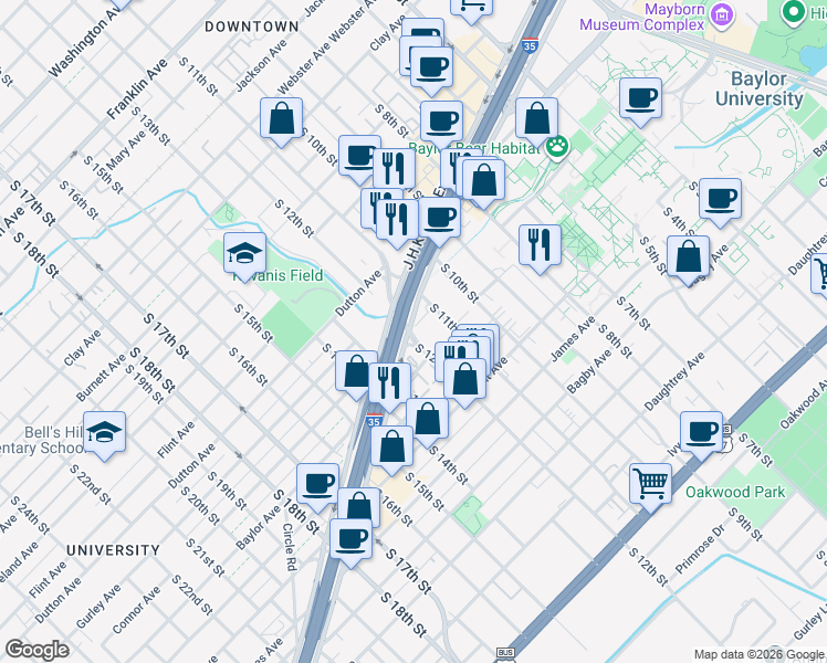 map of restaurants, bars, coffee shops, grocery stores, and more near 1302 South 12th Street in Waco