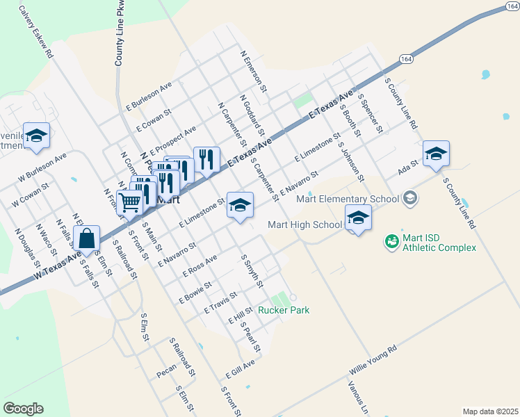 map of restaurants, bars, coffee shops, grocery stores, and more near 808 East Navarro Street in Mart