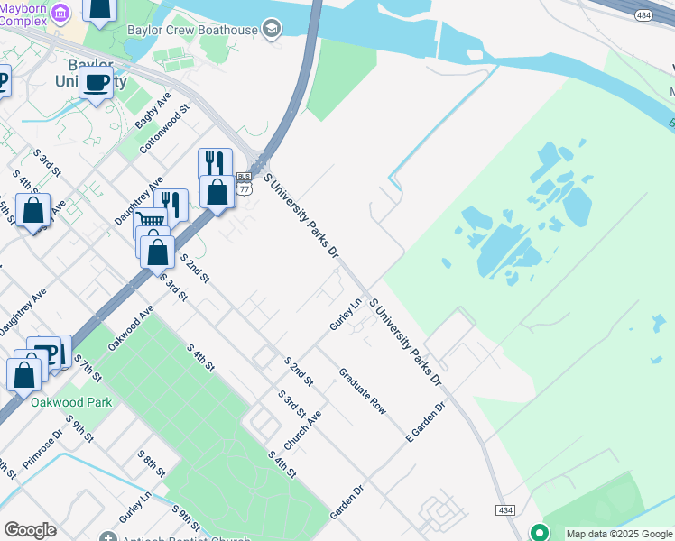 map of restaurants, bars, coffee shops, grocery stores, and more near 2501 Farm to Market Road 434 in Waco