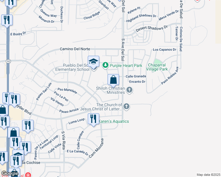 map of restaurants, bars, coffee shops, grocery stores, and more near 5115 Camino De Arena in Sierra Vista