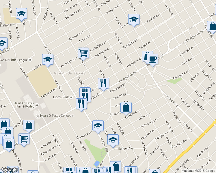 map of restaurants, bars, coffee shops, grocery stores, and more near 3801 Bosque Boulevard in Waco