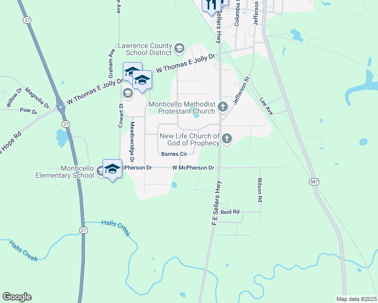 map of restaurants, bars, coffee shops, grocery stores, and more near 1116 Barnes Circle in Monticello