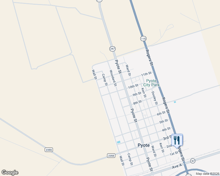 map of restaurants, bars, coffee shops, grocery stores, and more near Camp Street in Pyote