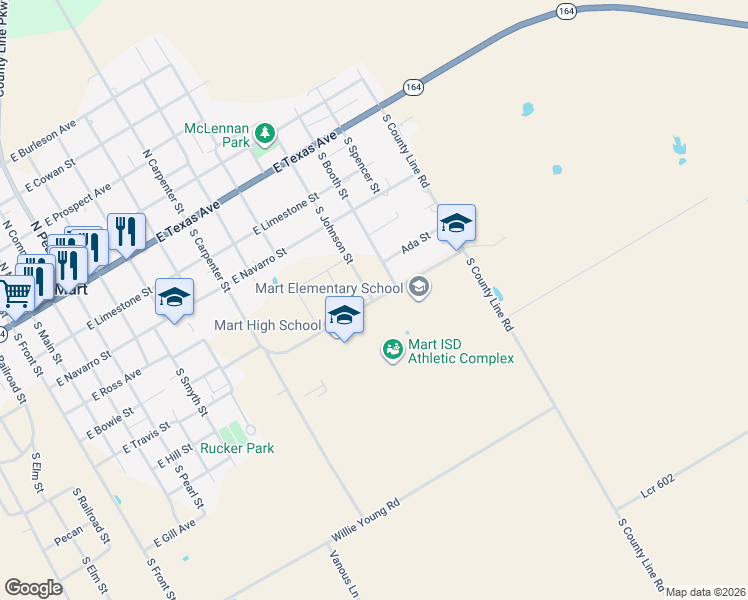 map of restaurants, bars, coffee shops, grocery stores, and more near 300 East Navarro Street in Mart