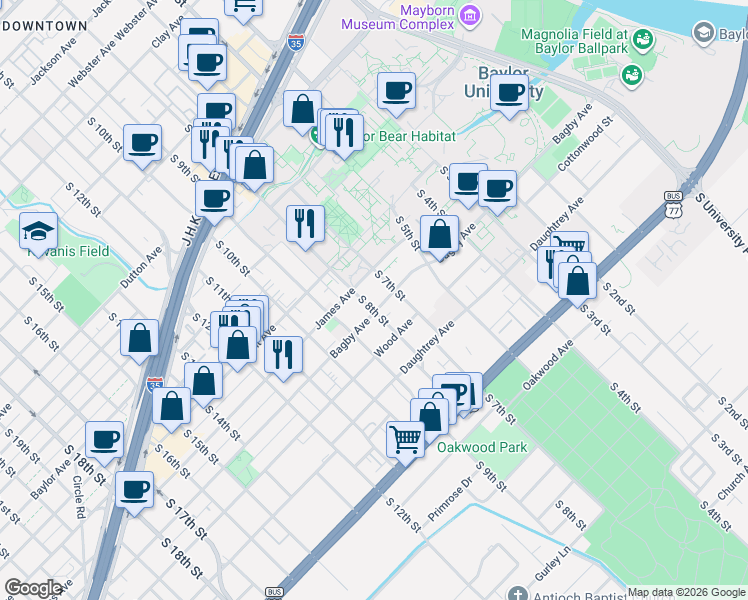 map of restaurants, bars, coffee shops, grocery stores, and more near 1720 South 8th Street in Waco