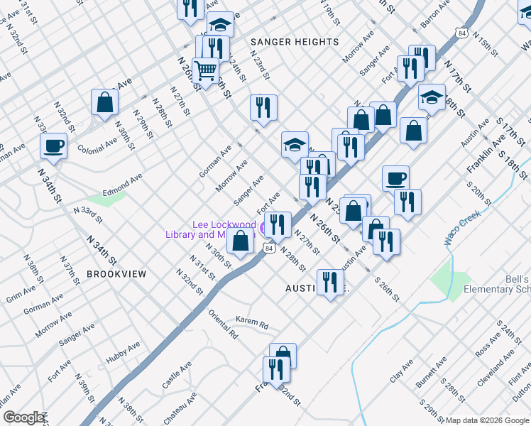 map of restaurants, bars, coffee shops, grocery stores, and more near 2708 Fort Avenue in Waco