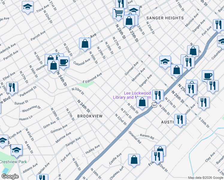 map of restaurants, bars, coffee shops, grocery stores, and more near 824 North 30th Street in Waco
