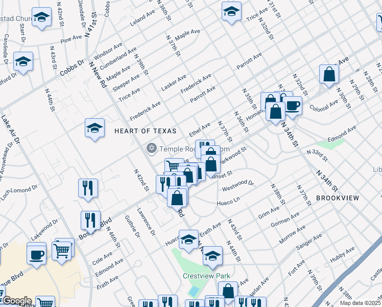 map of restaurants, bars, coffee shops, grocery stores, and more near 3901 Homan Avenue in Waco