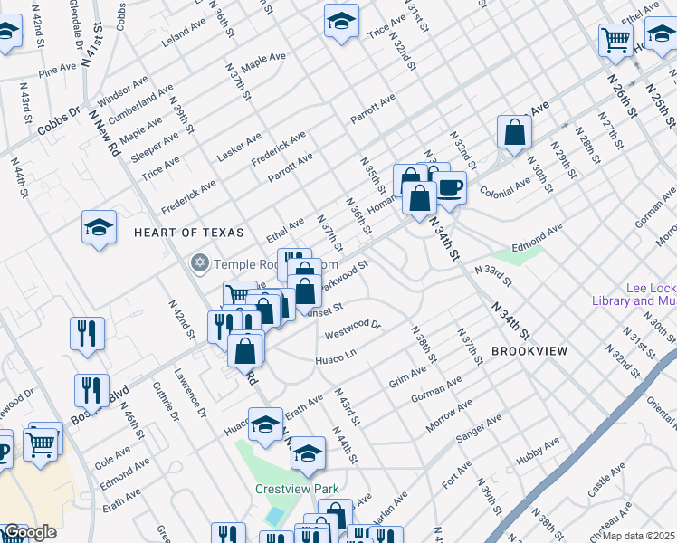 map of restaurants, bars, coffee shops, grocery stores, and more near 3713 Parkwood Street in Waco