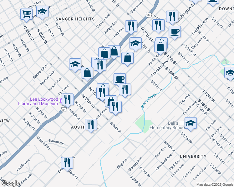 map of restaurants, bars, coffee shops, grocery stores, and more near 2309 Austin Avenue in Waco