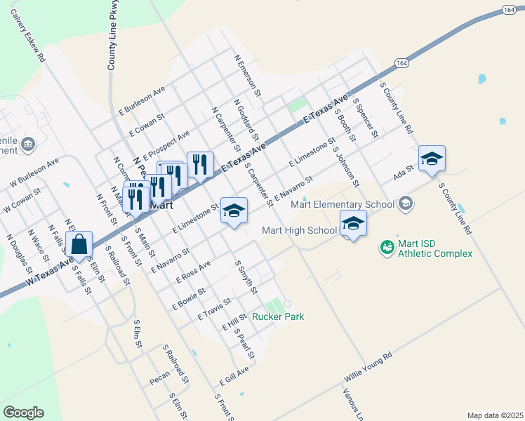 map of restaurants, bars, coffee shops, grocery stores, and more near 808 E Navarro St in Mart