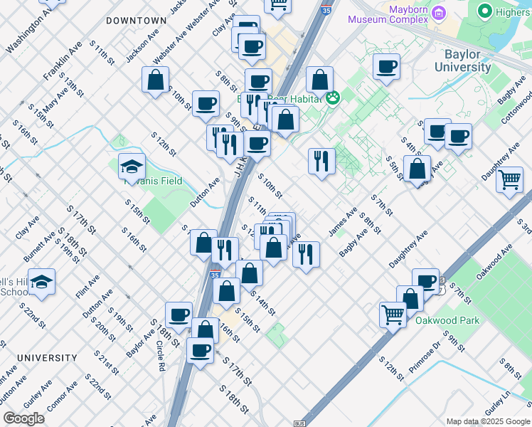 map of restaurants, bars, coffee shops, grocery stores, and more near 1326 South 11th Street in Waco