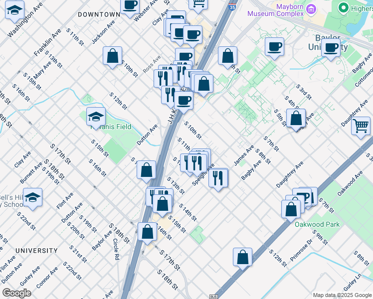 map of restaurants, bars, coffee shops, grocery stores, and more near 1326 South 11th Street in Waco