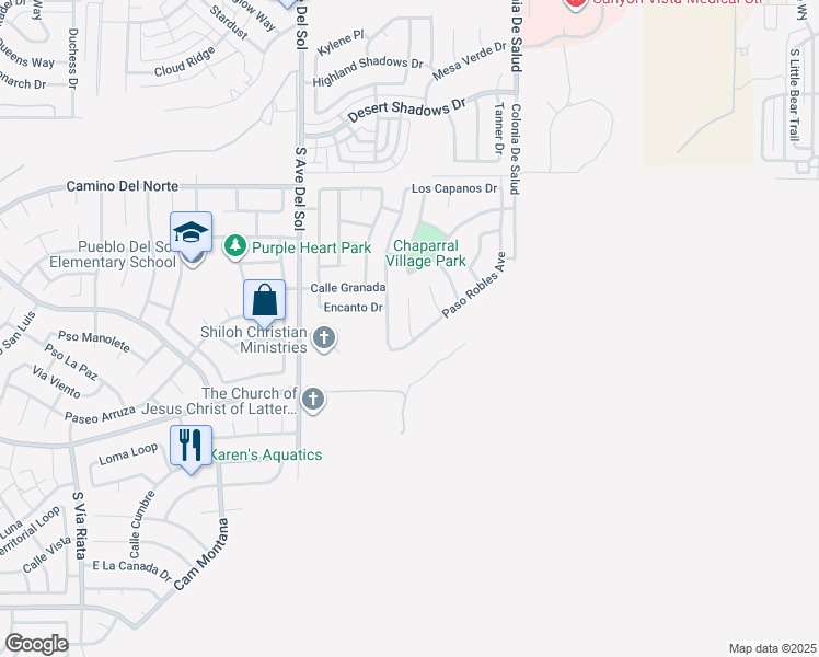 map of restaurants, bars, coffee shops, grocery stores, and more near Questa Court in Sierra Vista