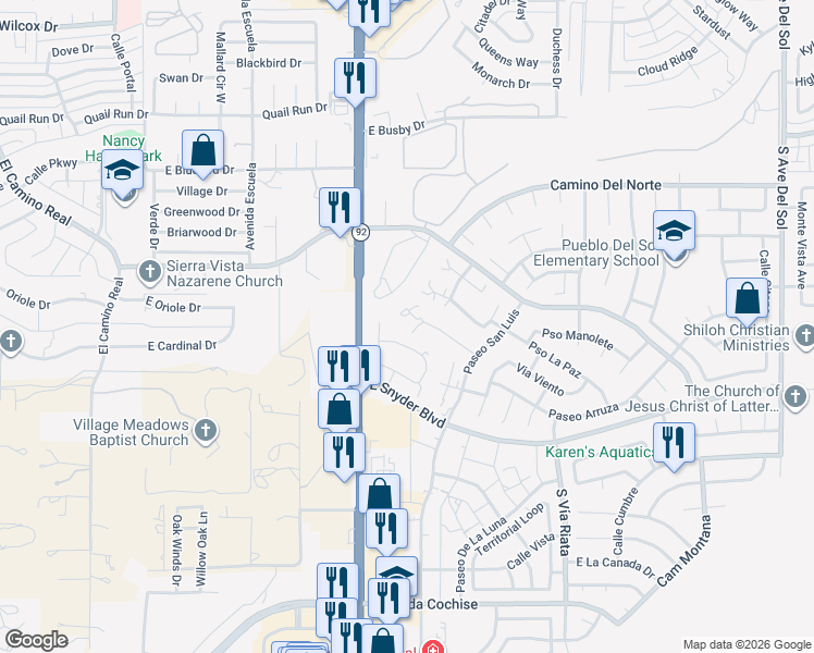 map of restaurants, bars, coffee shops, grocery stores, and more near 4170 Plaza Oro Loma in Sierra Vista