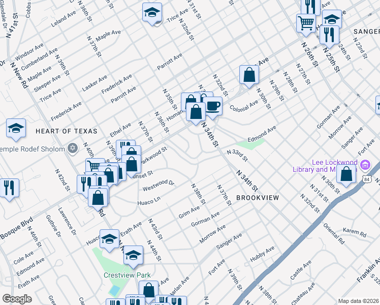 map of restaurants, bars, coffee shops, grocery stores, and more near 1401 Springdale Street in Waco