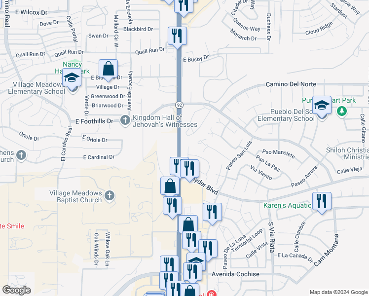 map of restaurants, bars, coffee shops, grocery stores, and more near 1205 Plaza Maria in Sierra Vista