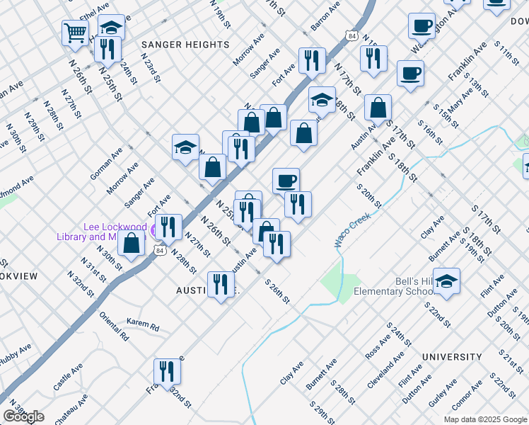 map of restaurants, bars, coffee shops, grocery stores, and more near 2326 Washington Avenue in Waco