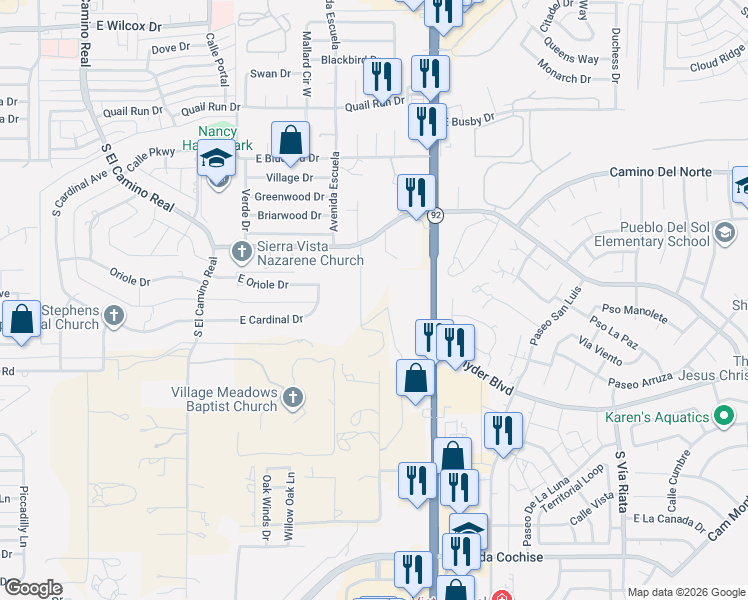 map of restaurants, bars, coffee shops, grocery stores, and more near 1355 South Yucca Drive in Sierra Vista