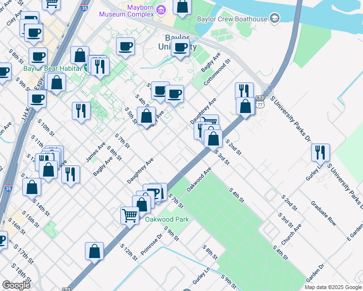 map of restaurants, bars, coffee shops, grocery stores, and more near 405 Ivy Avenue in Waco