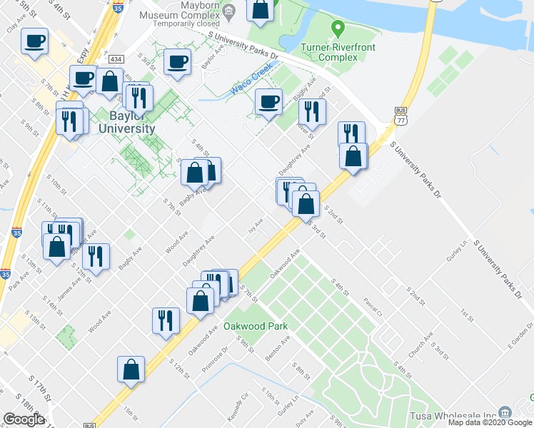 map of restaurants, bars, coffee shops, grocery stores, and more near 400 Ivy Avenue in Waco