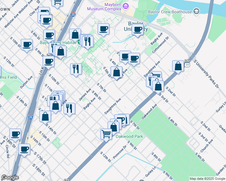 map of restaurants, bars, coffee shops, grocery stores, and more near 600 Bagby Avenue in Waco
