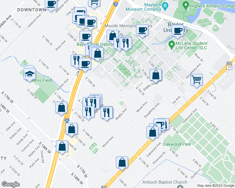 map of restaurants, bars, coffee shops, grocery stores, and more near 902 Speight Avenue in Waco