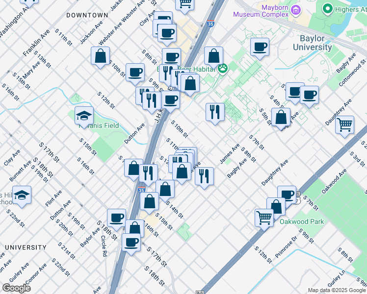 map of restaurants, bars, coffee shops, grocery stores, and more near 1326 South 11th Street in Waco