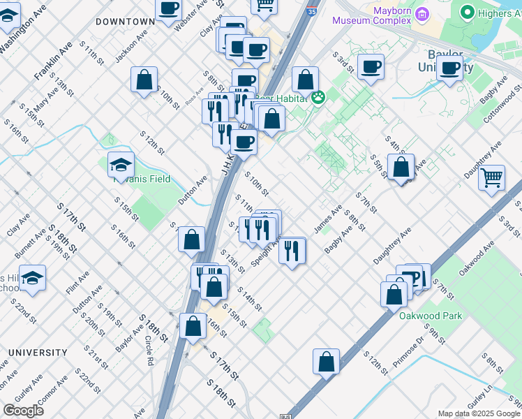 map of restaurants, bars, coffee shops, grocery stores, and more near 1326 South 11th Street in Waco