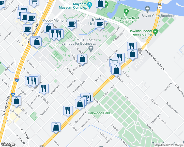 map of restaurants, bars, coffee shops, grocery stores, and more near 431 Daughtrey Avenue in Waco