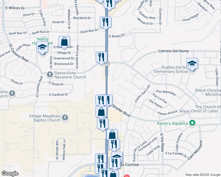 map of restaurants, bars, coffee shops, grocery stores, and more near 1205 Plaza Maria in Sierra Vista