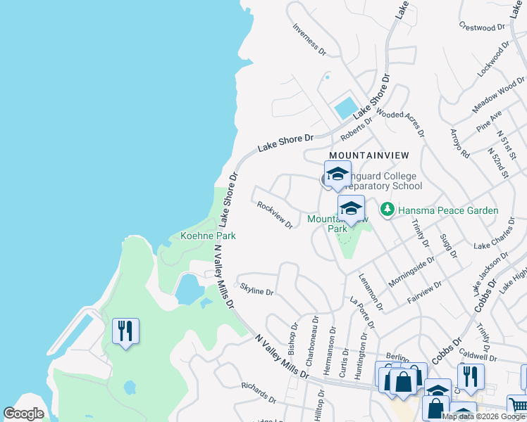 map of restaurants, bars, coffee shops, grocery stores, and more near 2624 Rockview Drive in Waco
