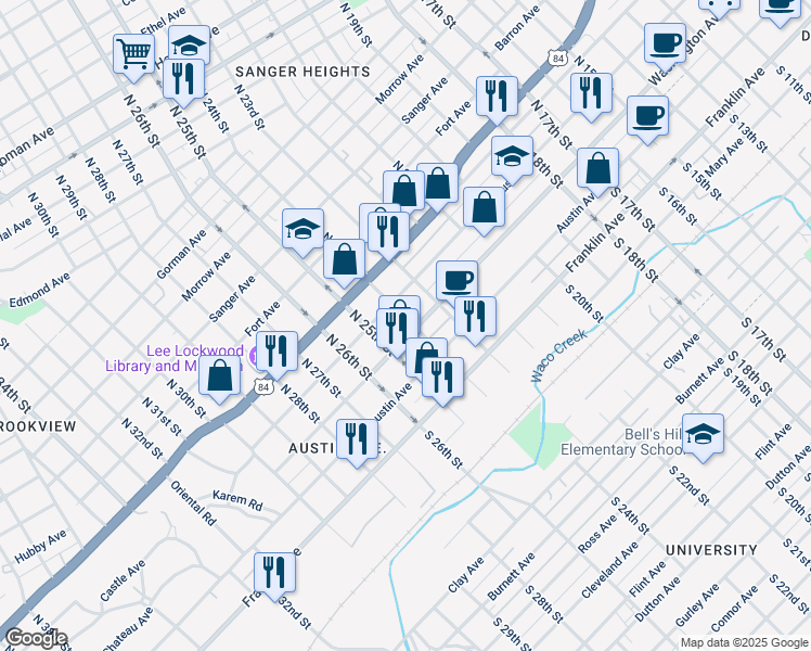 map of restaurants, bars, coffee shops, grocery stores, and more near 2401 Washington Avenue in Waco