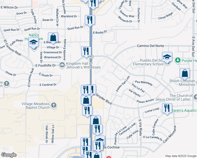map of restaurants, bars, coffee shops, grocery stores, and more near 1185 Plaza Maria in Sierra Vista