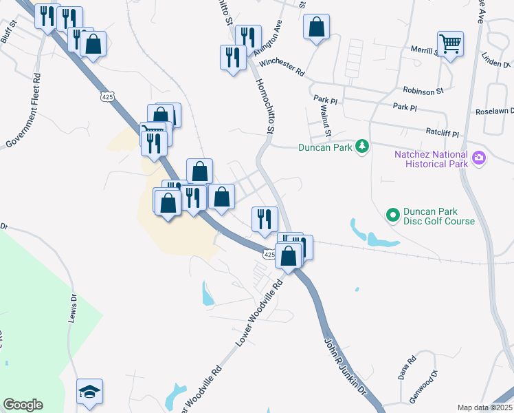 map of restaurants, bars, coffee shops, grocery stores, and more near 211 Choctaw Street in Natchez