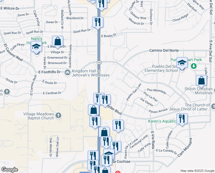map of restaurants, bars, coffee shops, grocery stores, and more near 4103 Calle Barona in Sierra Vista