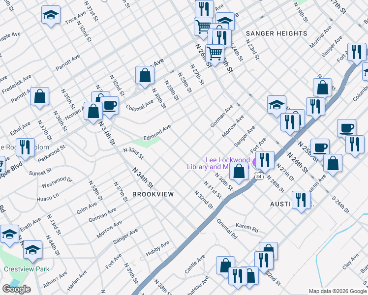 map of restaurants, bars, coffee shops, grocery stores, and more near 824 North 30th Street in Waco
