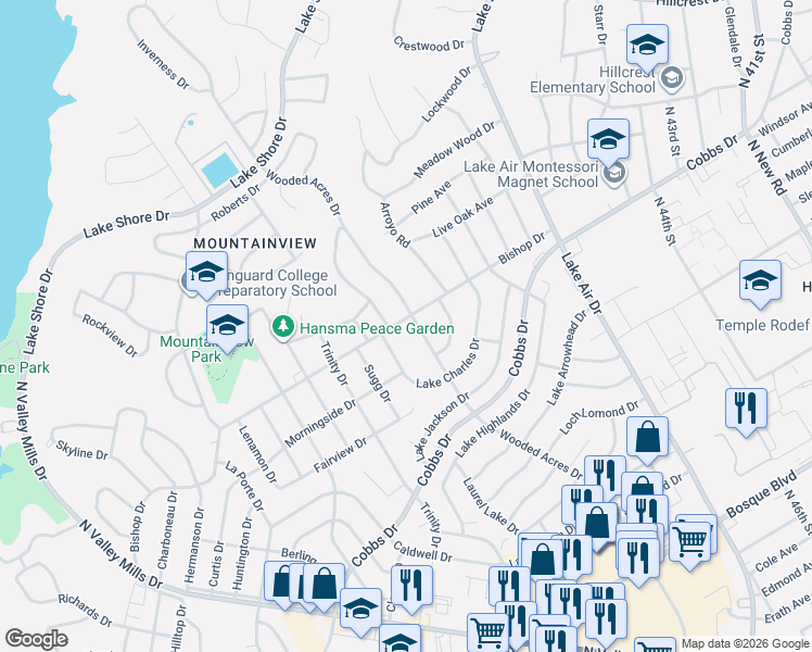 map of restaurants, bars, coffee shops, grocery stores, and more near 2118 Wooded Acres Drive in Waco