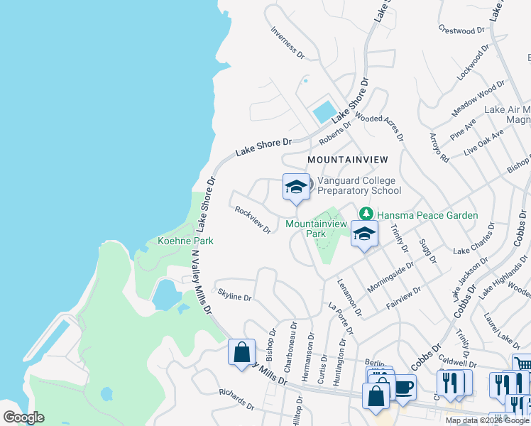 map of restaurants, bars, coffee shops, grocery stores, and more near 2501 Rockview Drive in Waco