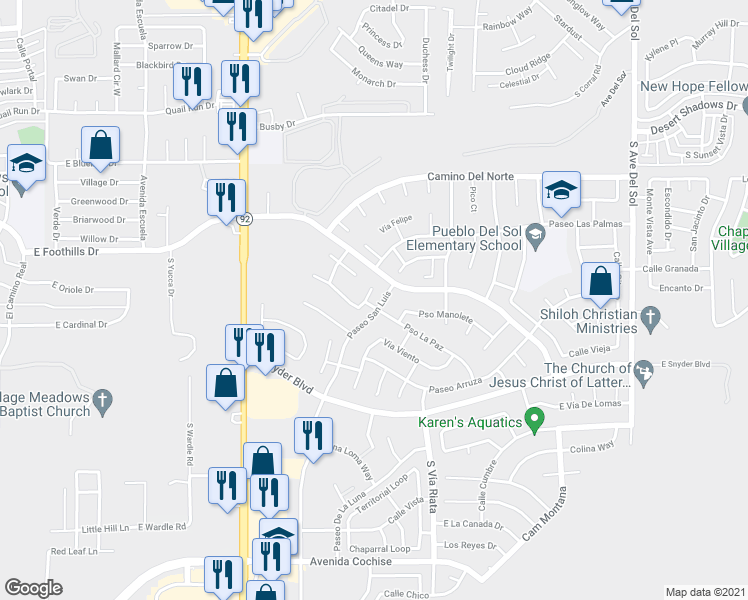 map of restaurants, bars, coffee shops, grocery stores, and more near 1180 Paseo Juanita in Sierra Vista