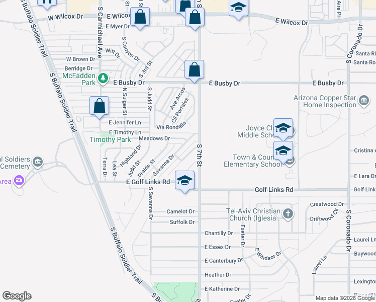 map of restaurants, bars, coffee shops, grocery stores, and more near 740 Steppe Place in Sierra Vista