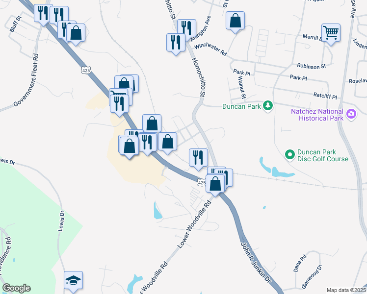 map of restaurants, bars, coffee shops, grocery stores, and more near 211 Choctaw Street in Natchez