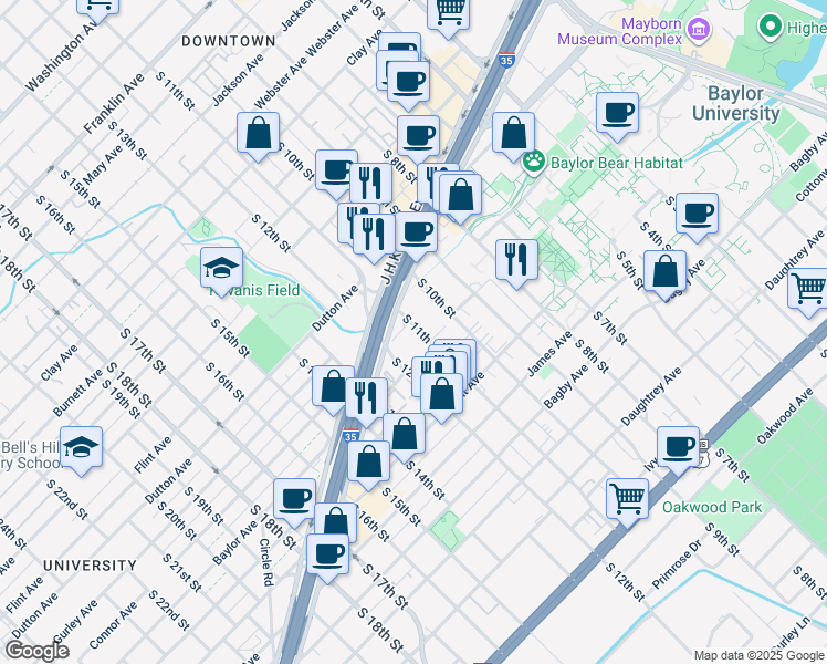 map of restaurants, bars, coffee shops, grocery stores, and more near 1302 South 12th Street in Waco