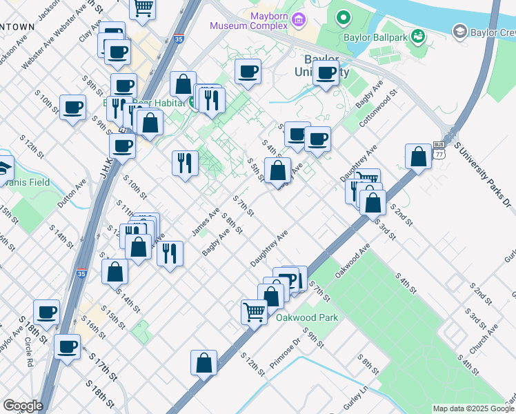 map of restaurants, bars, coffee shops, grocery stores, and more near 600 Bagby Avenue in Waco
