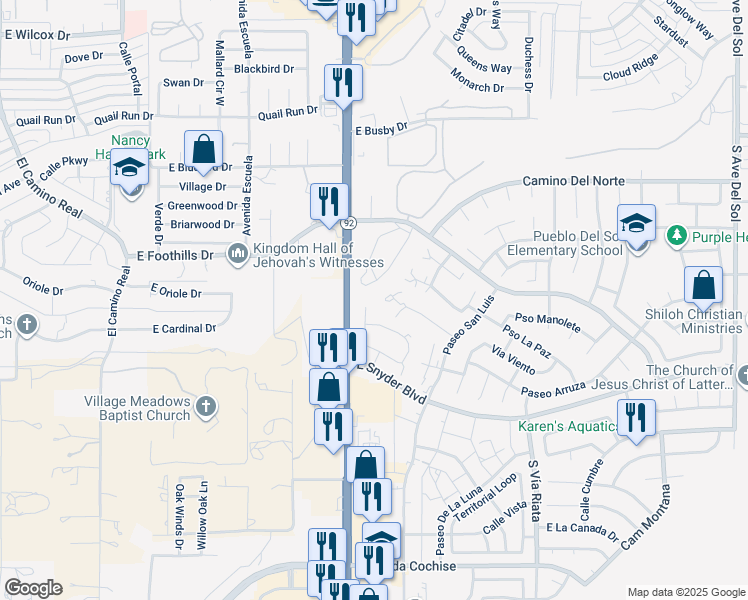 map of restaurants, bars, coffee shops, grocery stores, and more near 4103 Calle Barona in Sierra Vista